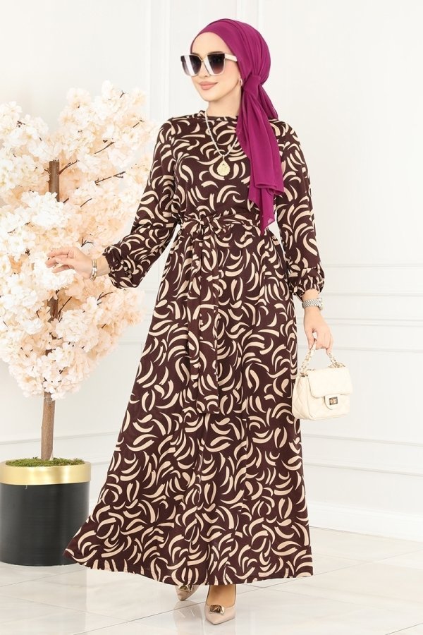 Moda Selvim Kahve Damla Desen Helen Elbise
