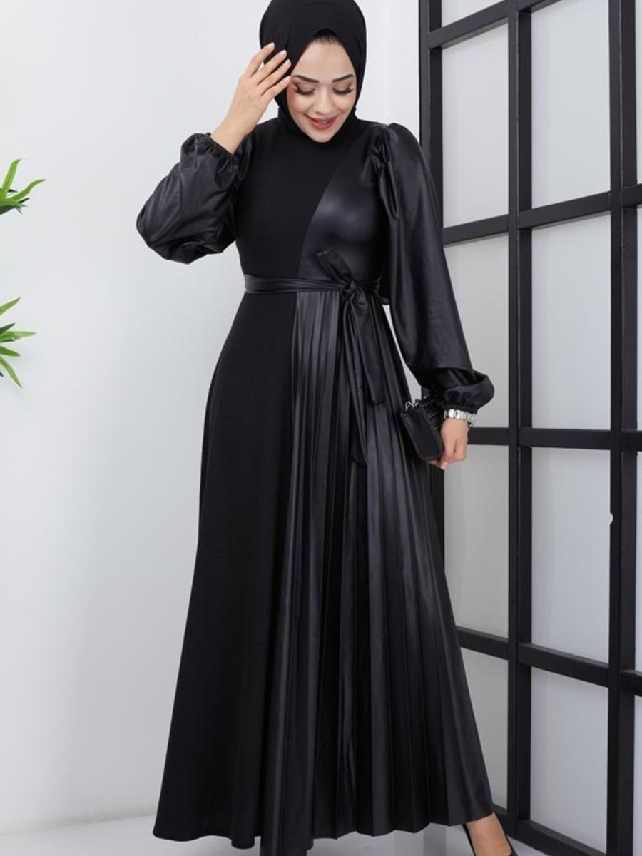 Modamerve Triko Detaylı Deri Elbise Siyah