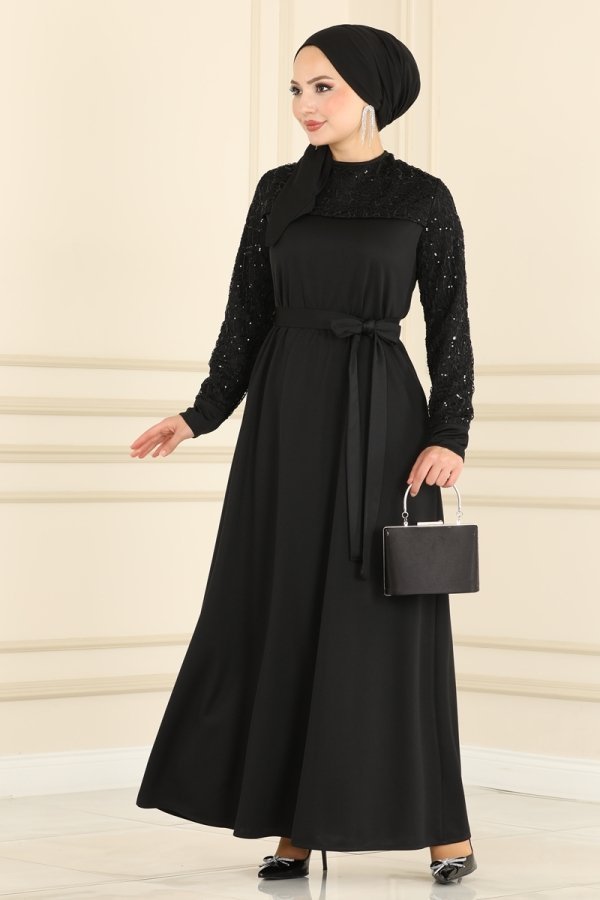 Moda Selvim Siyah Pul Detaylı Elbise
