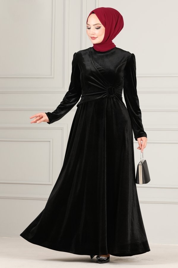 Moda Selvim Siyah Önü Detaylı Kadife Elbise