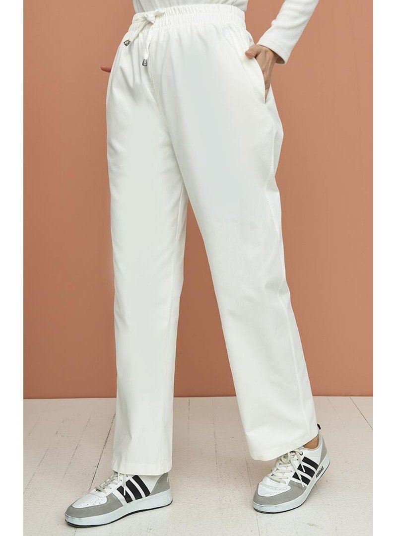 Layda Moda Ekru Beli Lastikli Kot Pantolon