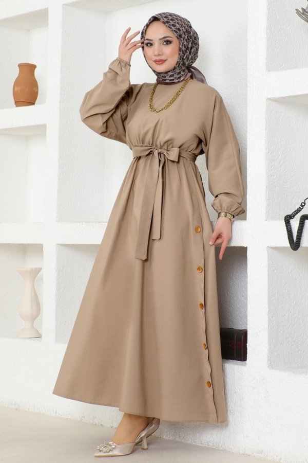 Moda Selvim Vizyon Düğme Detaylı Terikoton Elbise