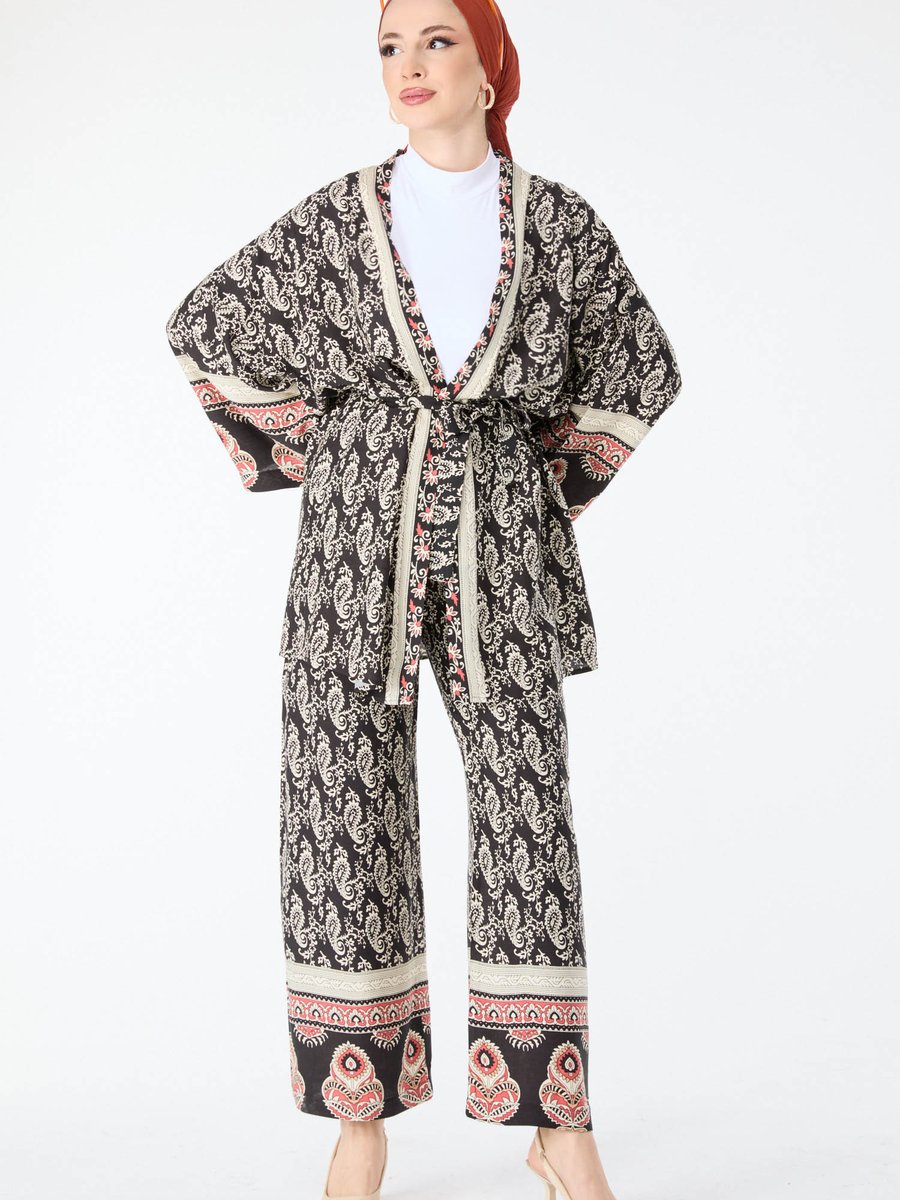Tofisa Sıyah Şal Desenli Kimono Ve Pantolon İkili Takım