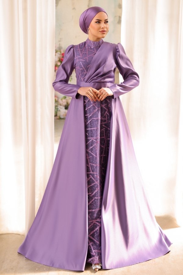 Moda Selvim Lila Afitap Saten Abiye Elbise