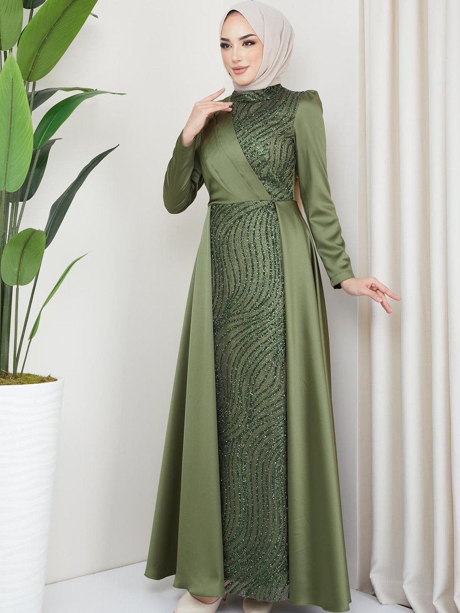 Olcay Önü Pul Ve Sim Detaylı Pelerin Etekli Saten Abiye Elbise Açık Yeşil