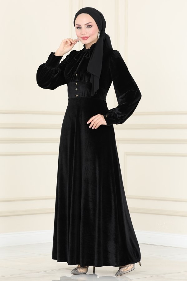 Moda Selvim Siyah Yakası Bağcıklı Kadife Elbise