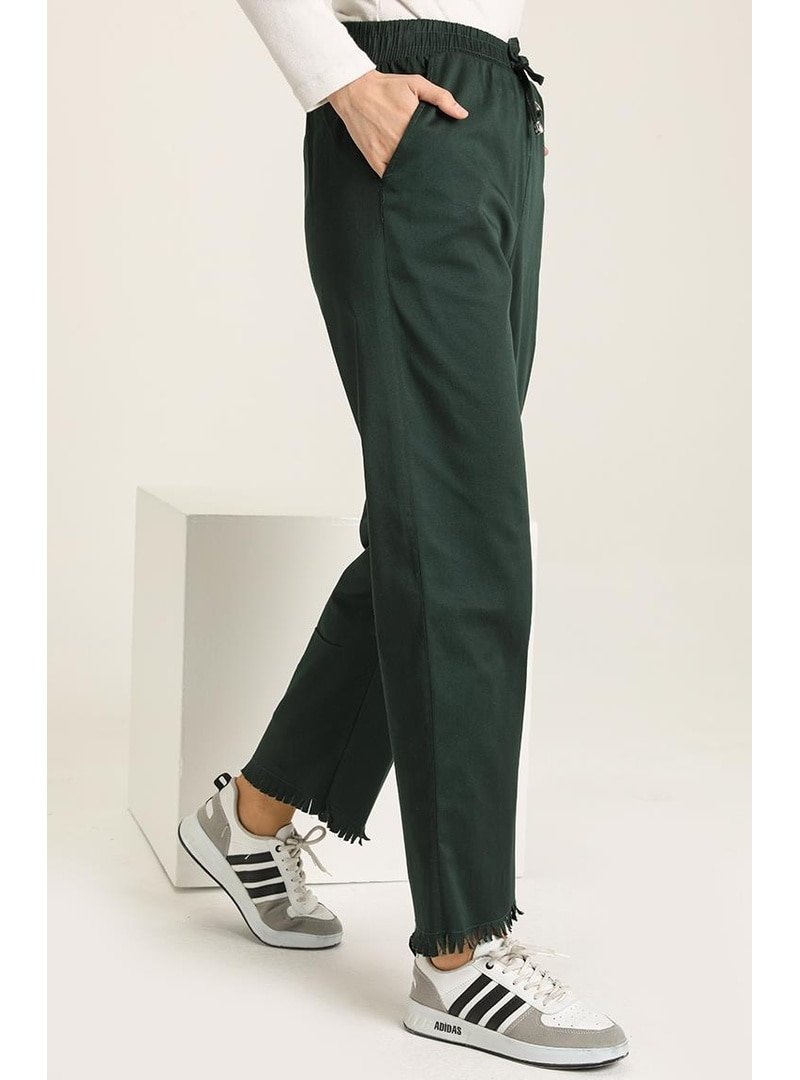 Layda Moda Zümrüt Yeşili Saçaklı Bol Paça Kot Pantolon