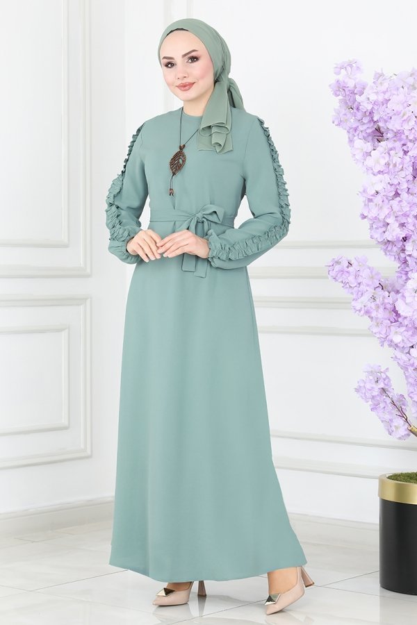 Moda Selvim Mint Kolları Fırfırlı Aerobin Elbise