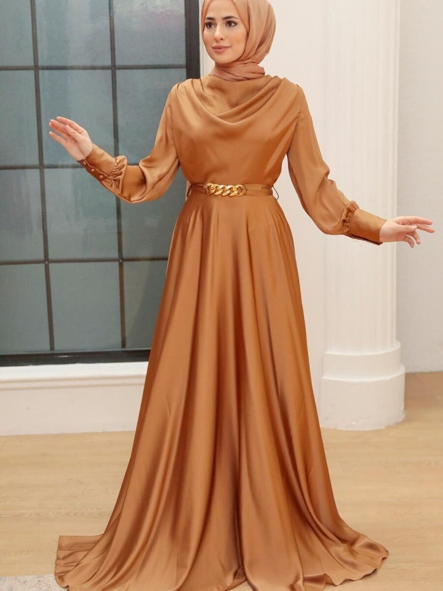 Neva Style Saten Taba Abiye Elbise