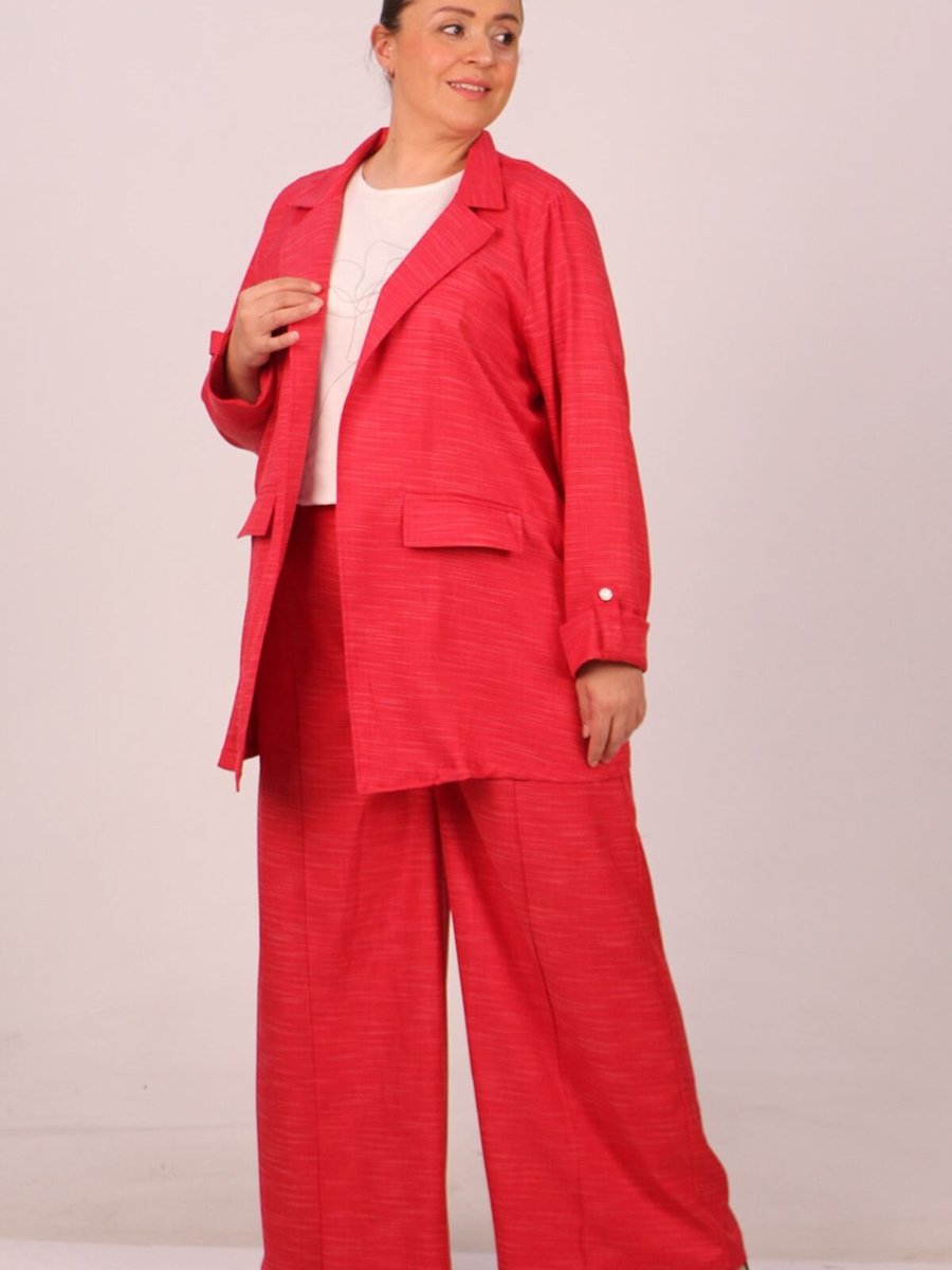 Moda Rosa Kırmızı Büyük Beden Kırçıllı Blazer Ceket Pantolonlu Takım