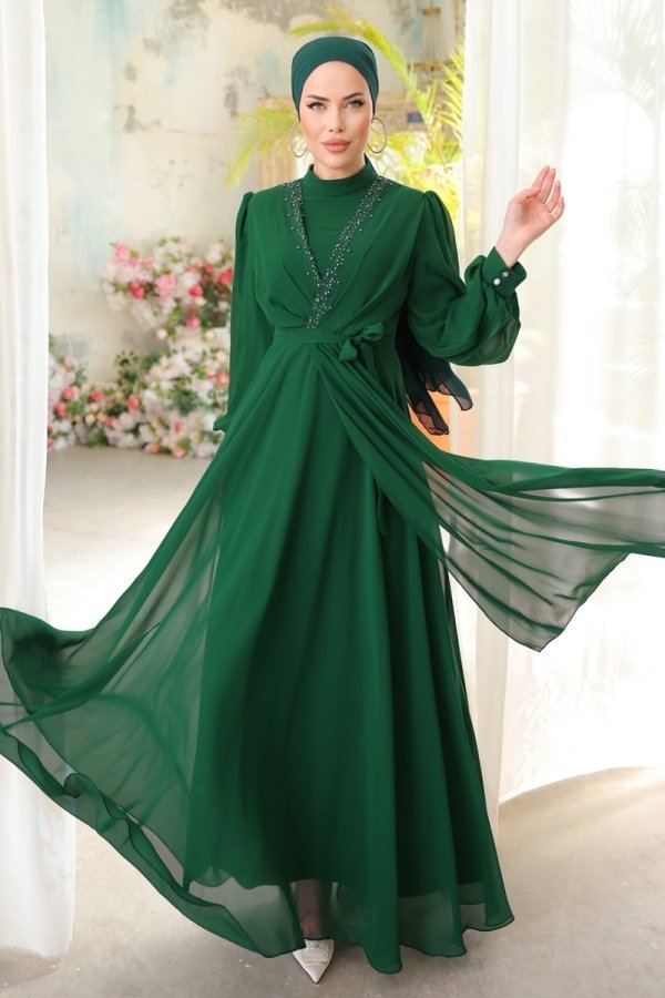Moda Selvim Zümrüt Taş İşlemeli Şifon Abiye Elbise