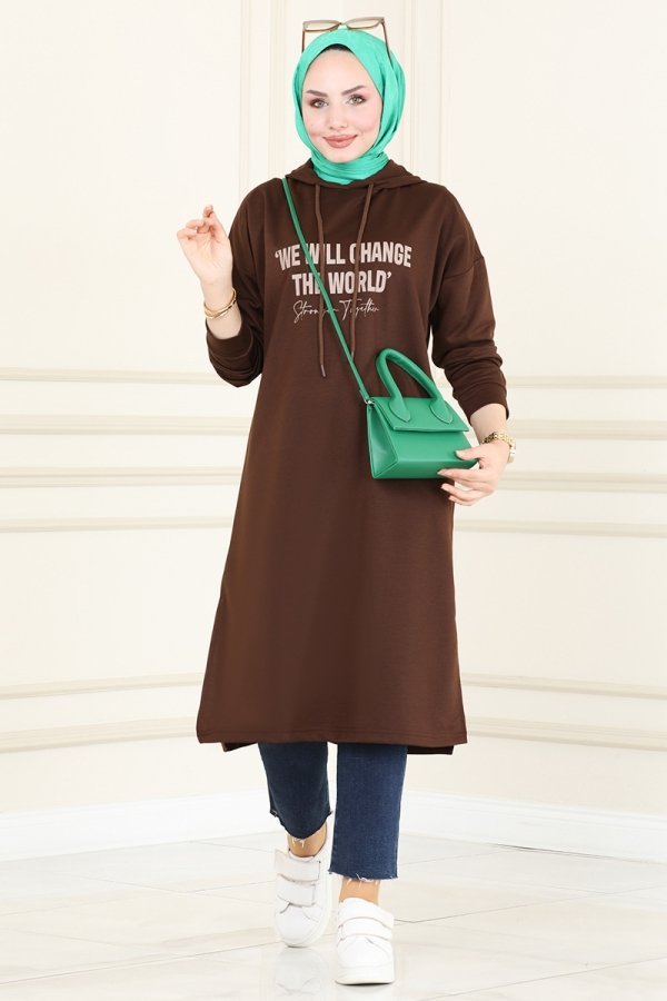 Moda Selvim Kahve Yazı Baskılı Spor Tunik Moda Selvim Kahve Yazı Baskılı Spor Tunik