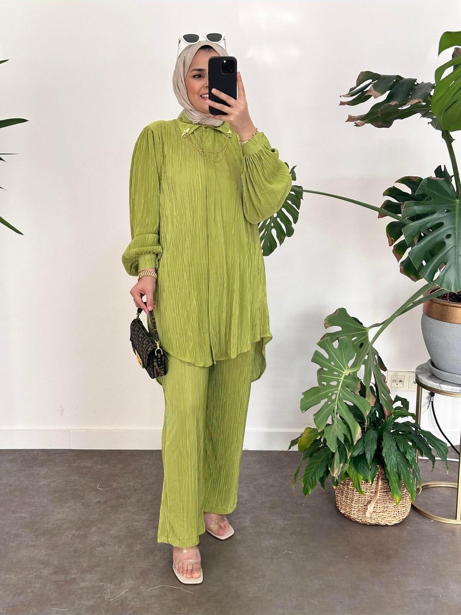 Asel Fashion Pileli Saten Takım Fıstık Yeşil