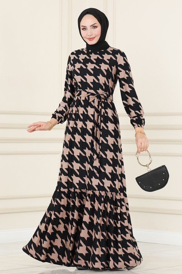 Moda Selvim Siyah & Vizyon Eteği Fırfırlı Desenli Elbise