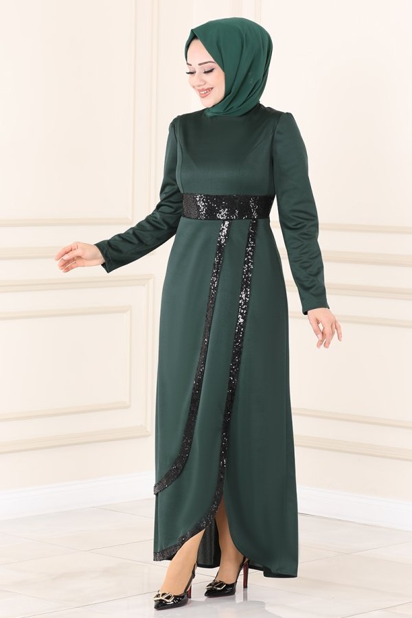 Moda Selvim Zümrüt Pul Payet Detaylı Abiye Elbise