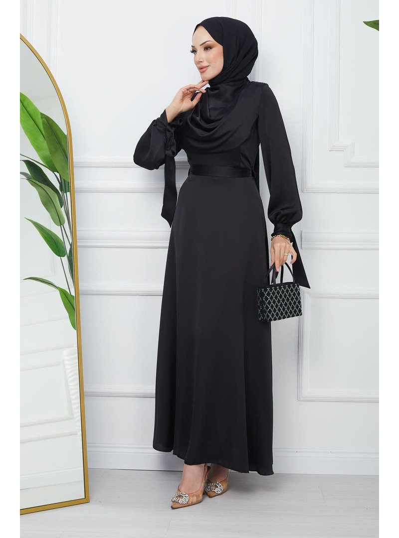 İmaj Butik Siyah Yaka Detaylı Kol Bağlamalı Saten Abiye Elbise