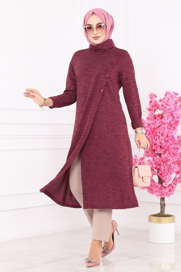 Moda Selvim Bordo Düğme Detaylı Selanik Tunik