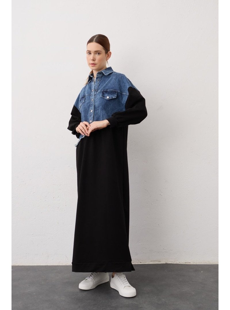 BASICPARK Siyah Denim Detaylı Çıt Çıtlı Pamuklu Örme Elbise