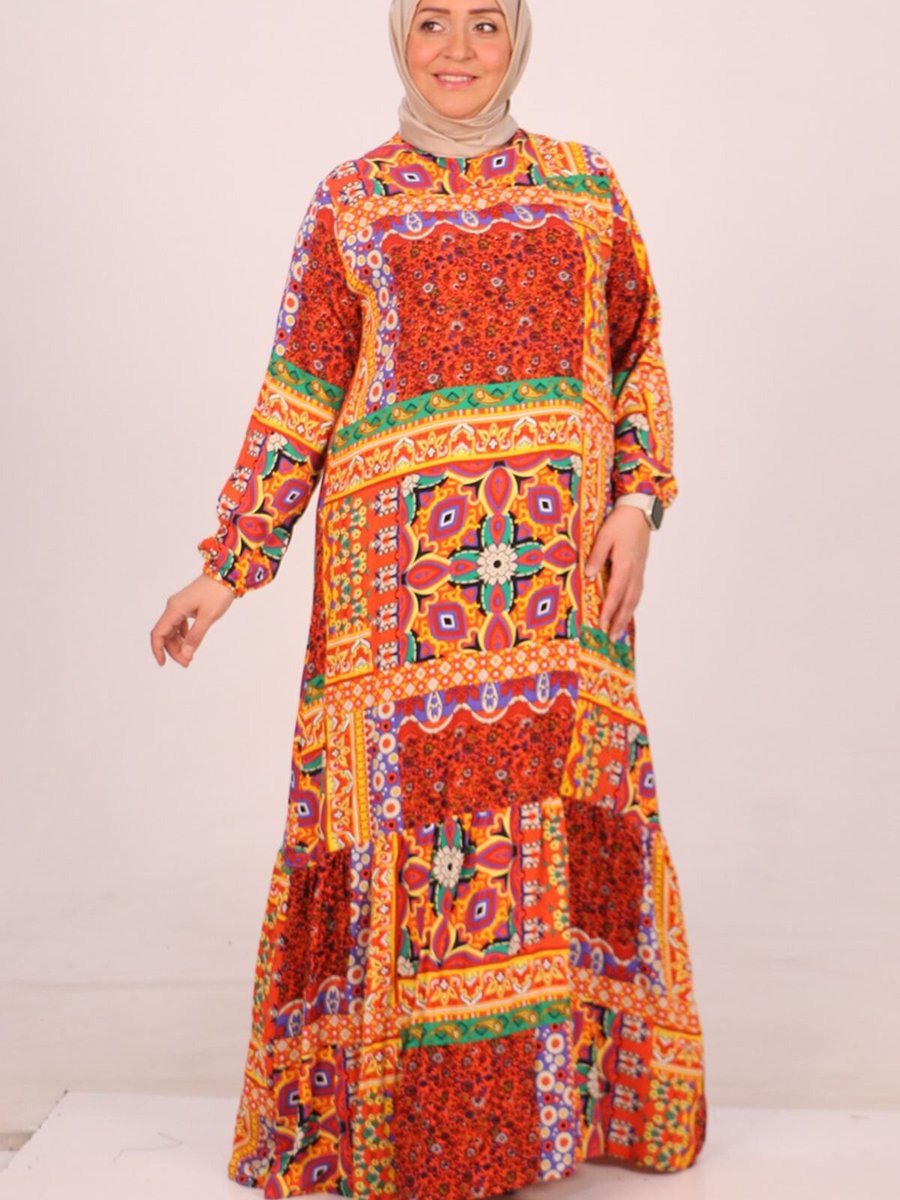 Moda Rosa Etnik Desen Oranj Büyük Beden Eteği Fırfırlı Belmando Elbise