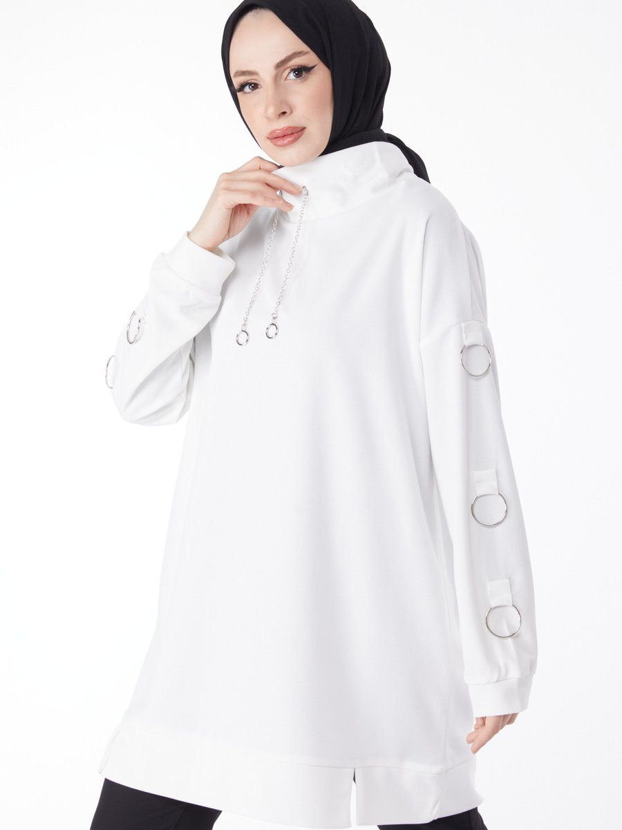 Tofisa Düz Ceket Yaka Beyaz Kol Halka Detaylı Tunik