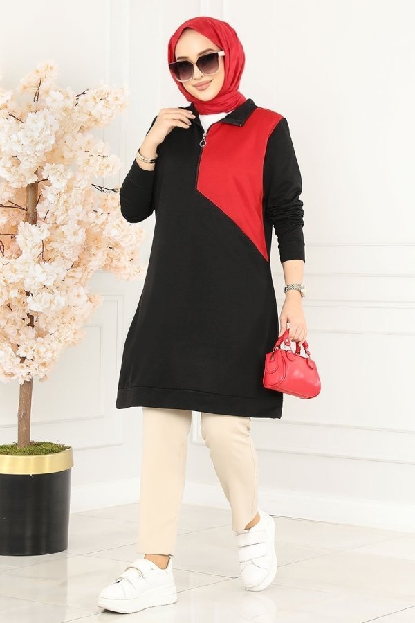 Moda Selvim Siyah & Kırmızı Garnili Spor Tunik Moda Selvim Siyah & Kırmızı Garnili Spor Tunik