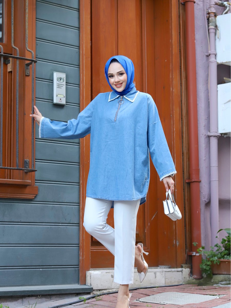 Sfg Life Moda Kopya Kadın Önü Cepli Ve Fermuarlı Uzun Tunik Şık Yıkamalı Kot Gömlek