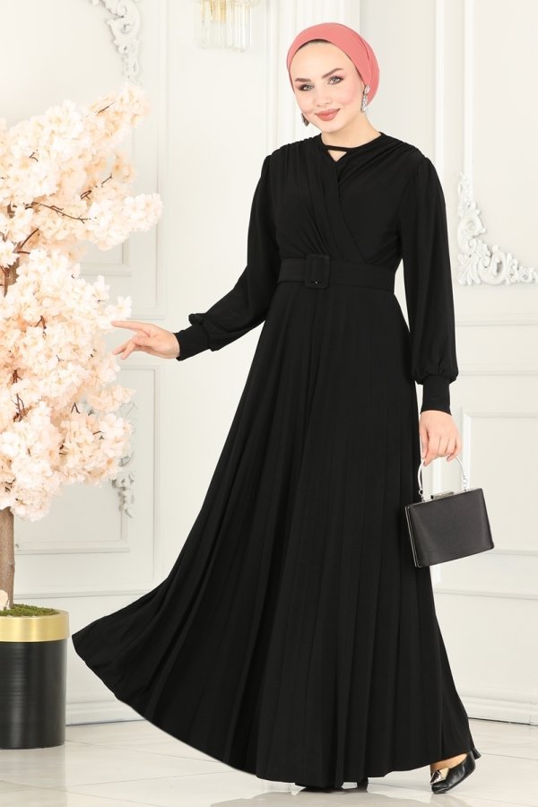Moda Selvim Siyah Kemerli Sandy Elbise