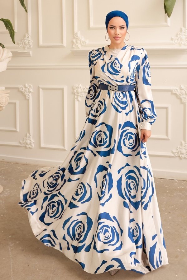 Moda Selvim Ekru & İndigo Gül Desenli Saten Abiye Elbise