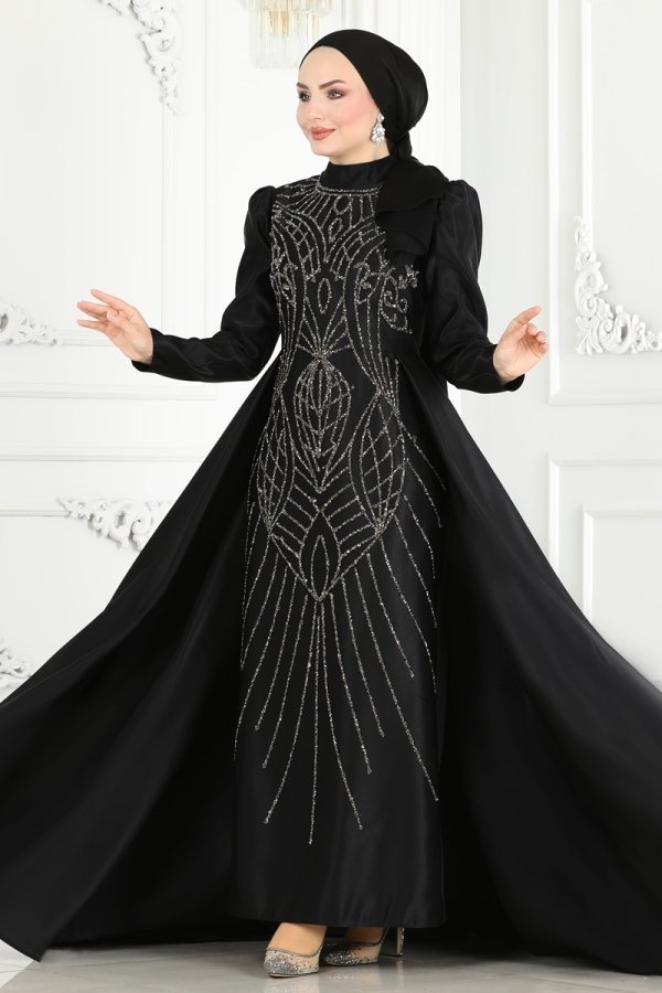 Moda Selvim Siyah Eteği Pelerinli Önü Taşlı Abiye Elbise