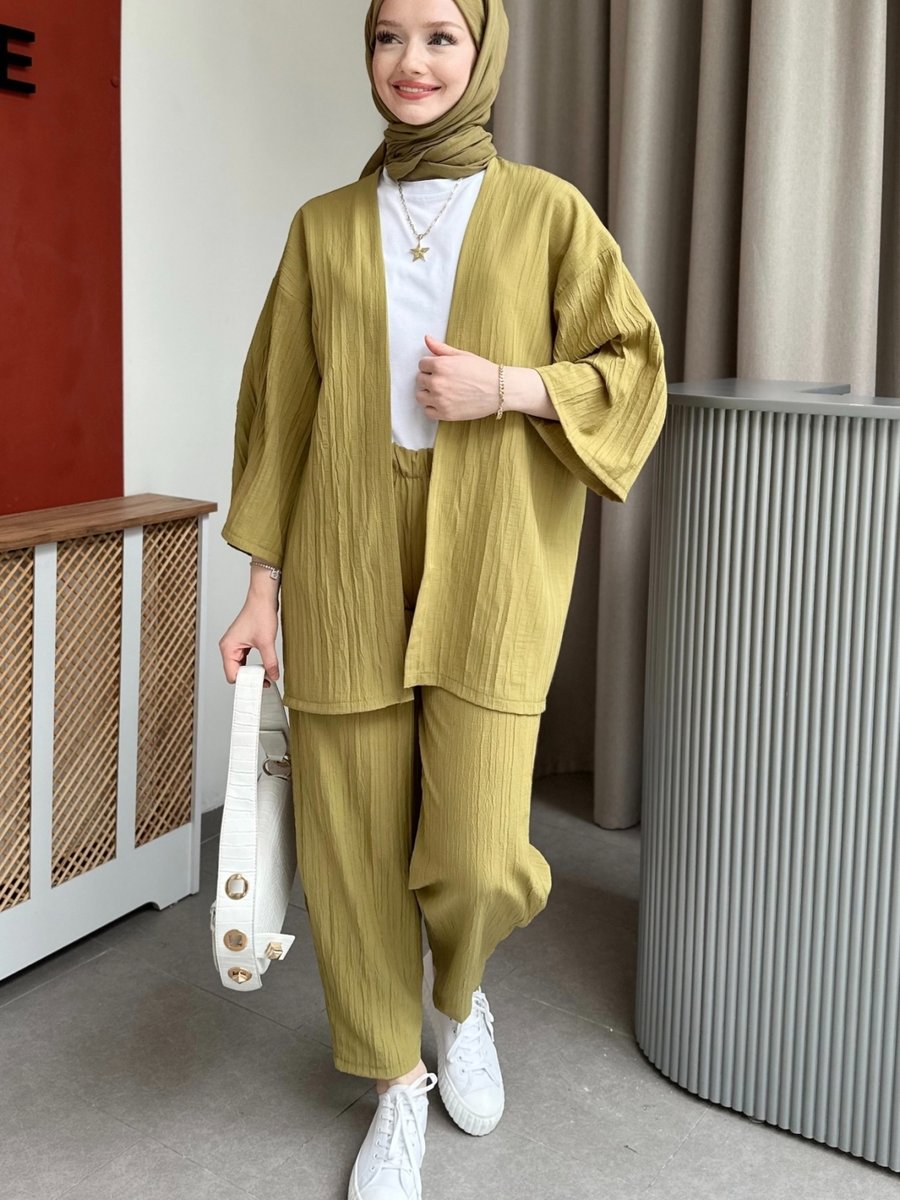 Gizce Vania Yağ Yeşili Kimono Takım