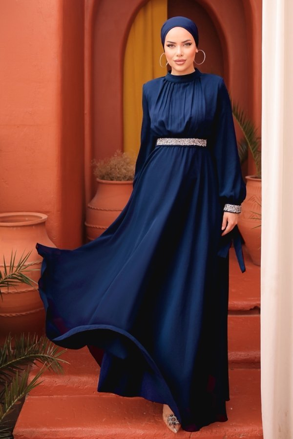 Moda Selvim Lacivert Sual Manşeti Bağlamalı Şifon Abiye Elbise