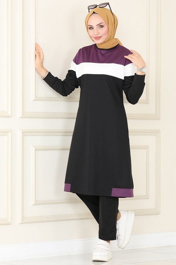 Moda Selvim Mor & Siyah Renk Şeritli İkili Takım