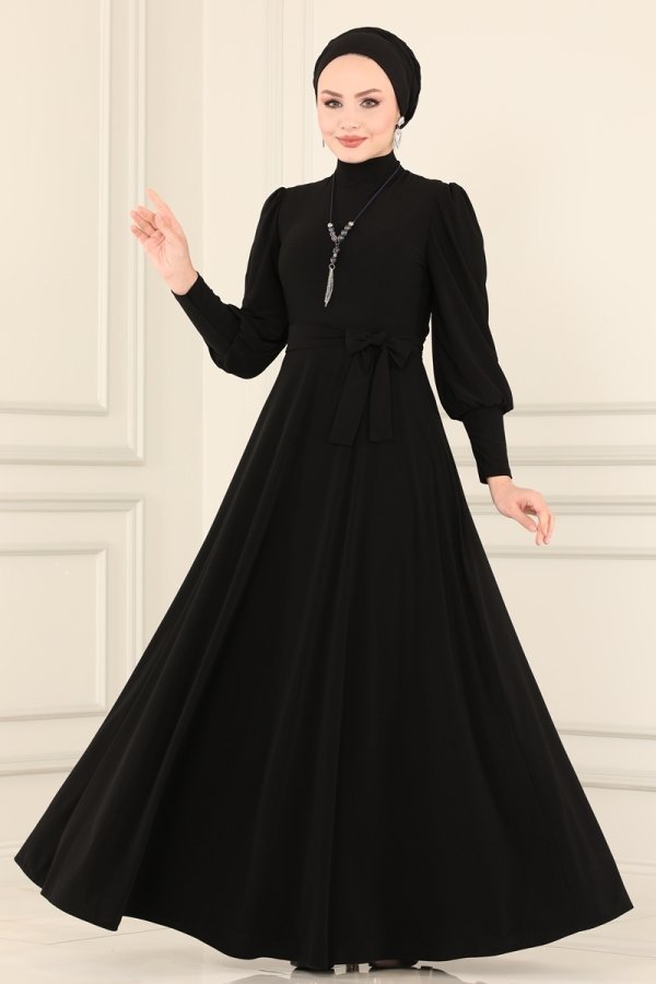 Moda Selvim Siyah Balon Kollu Sandy Elbise