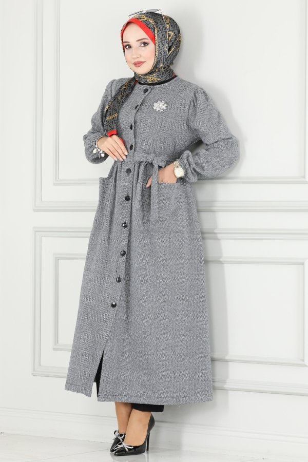 Moda Selvim Gri Kemerli Balıksırtı Ferace & Elbise
