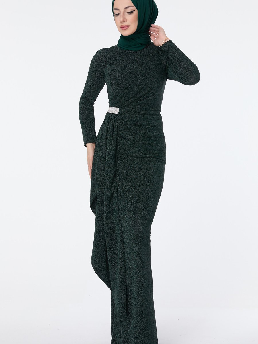 Tofisa Zumrut Beli Drape Detaylı Simli Abiye Elbise