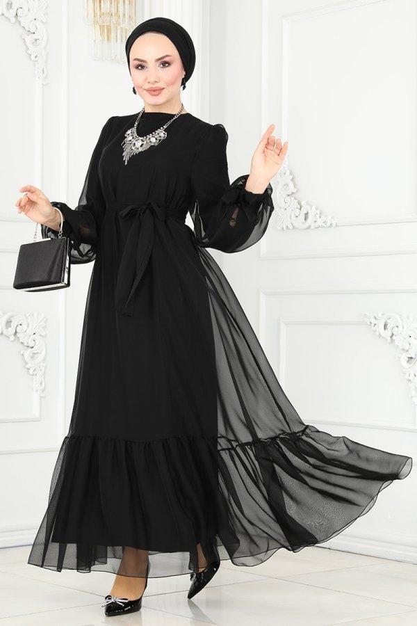 Moda Selvim Siyah Kemerli Janjan Abiye Elbise