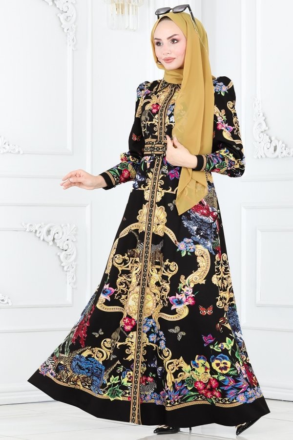 Moda Selvim Siyah & Gold Barok Desen Atlas Elbise