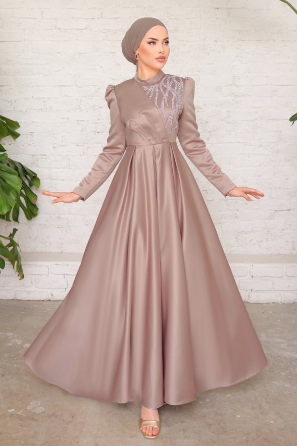Moda Selvim Koyu Vizyon Taş İşlemeli Saten Abiye Elbise