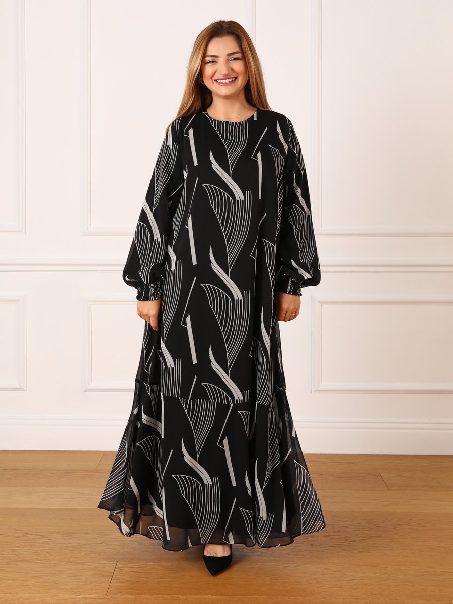Alia Siyah Büyük Beden Desenli Şifon Elbise