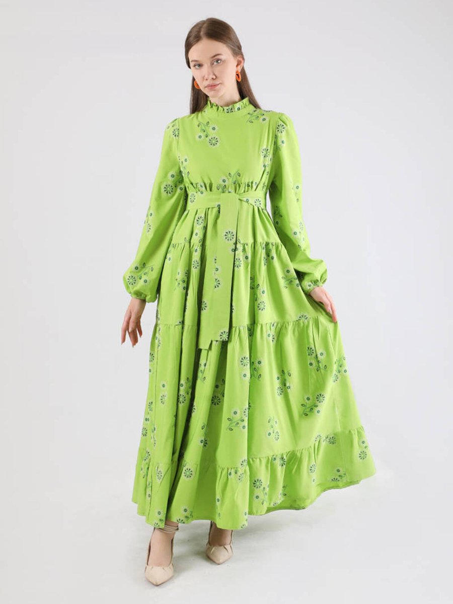 Zülays Büzgülü Desenli Poplin Elbise Fıstık Yeşili