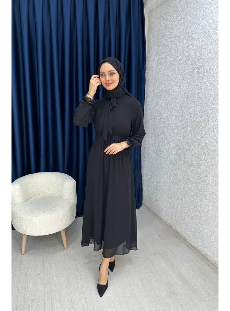 Lurex Moda Siyah Yakası Bağlama Detaylı Şifon Elbise