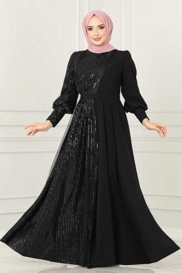Moda Selvim Siyah Sim Detaylı Tül Abiye Elbise