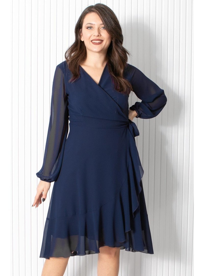 MFA Moda Lacivert Fırfırlı Şifon Abiye Elbise