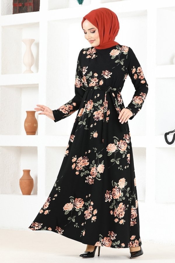Moda Selvim Somon & Siyah Kemerli Desenli Elbise