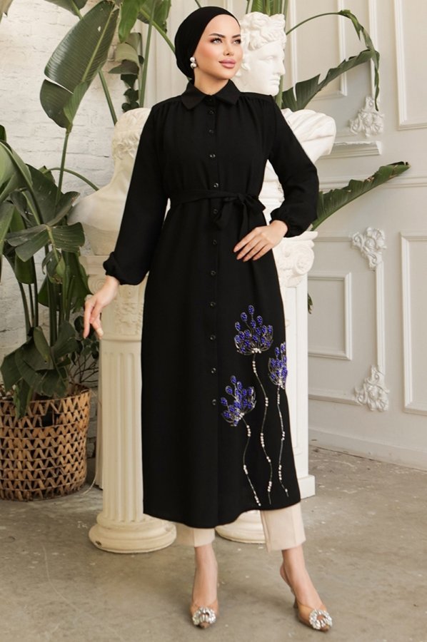 Moda Selvim Siyah Taş İşlemeli İthal Krep Tunik
