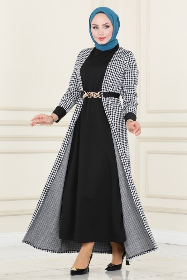 Moda Selvim Ekru & Siyah Hırkasıyla Bitişik Kazayağı Elbise