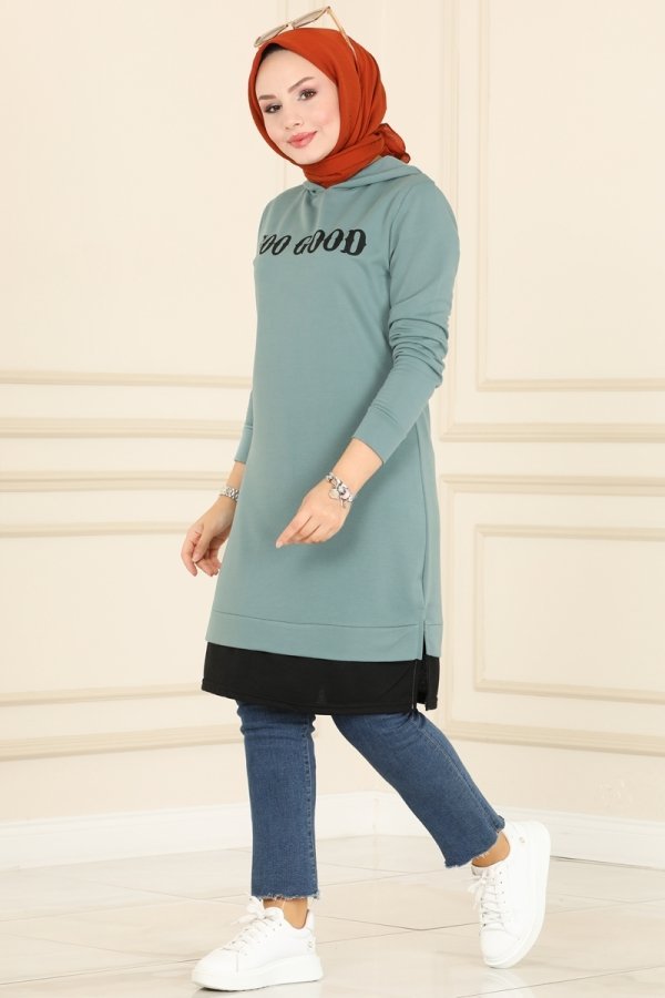 Moda Selvim Mint Yazı Detaylı Spor Tunik