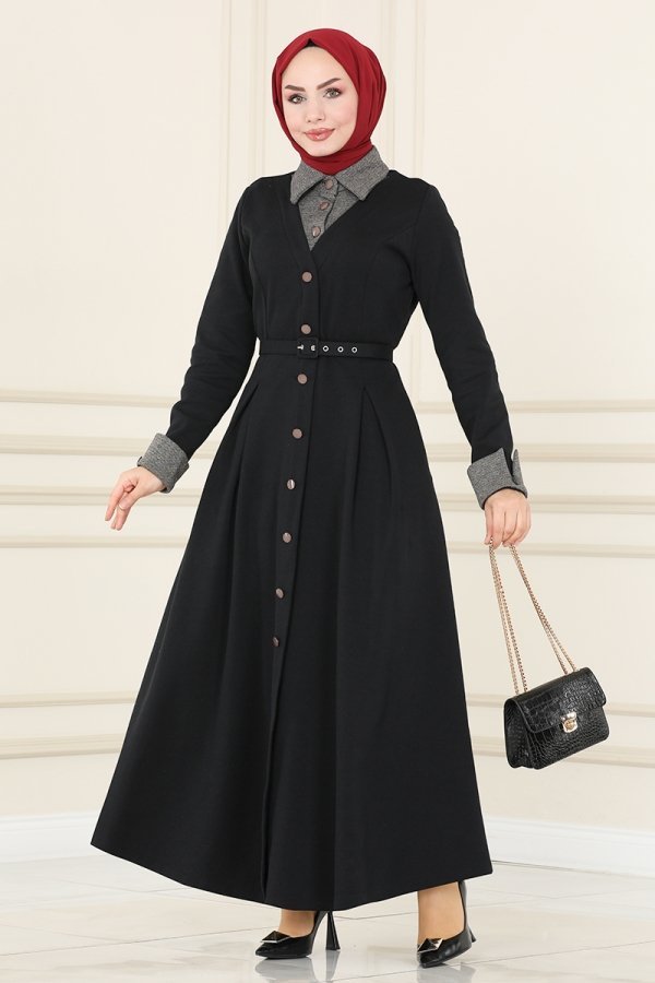 Moda Selvim Siyah Yakalı Kışlık Gömlek Elbise