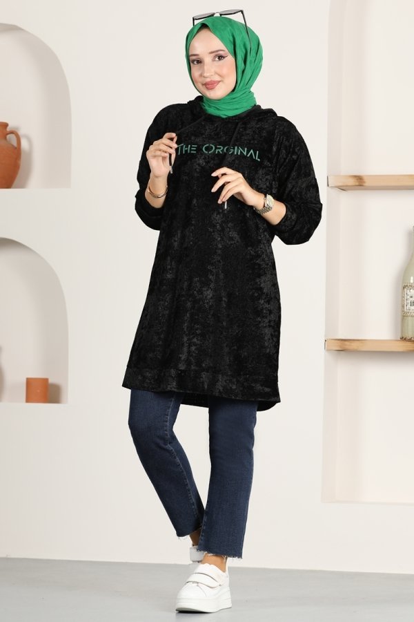 Moda Selvim Siyah & Mint Baskı Detaylı Kadife Tunik Moda Selvim Siyah & Mint Baskı Detaylı Kadife Tunik