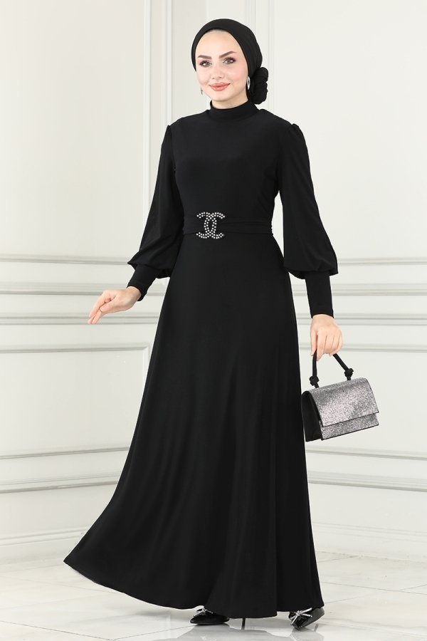 Moda Selvim Siyah Kemerli Sandy Elbise